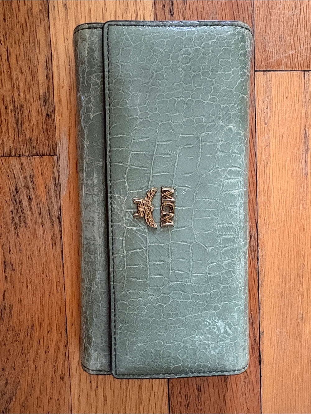 MCM Sage Green Croc-Embossed Leather Continental Wallet with Gold Logo